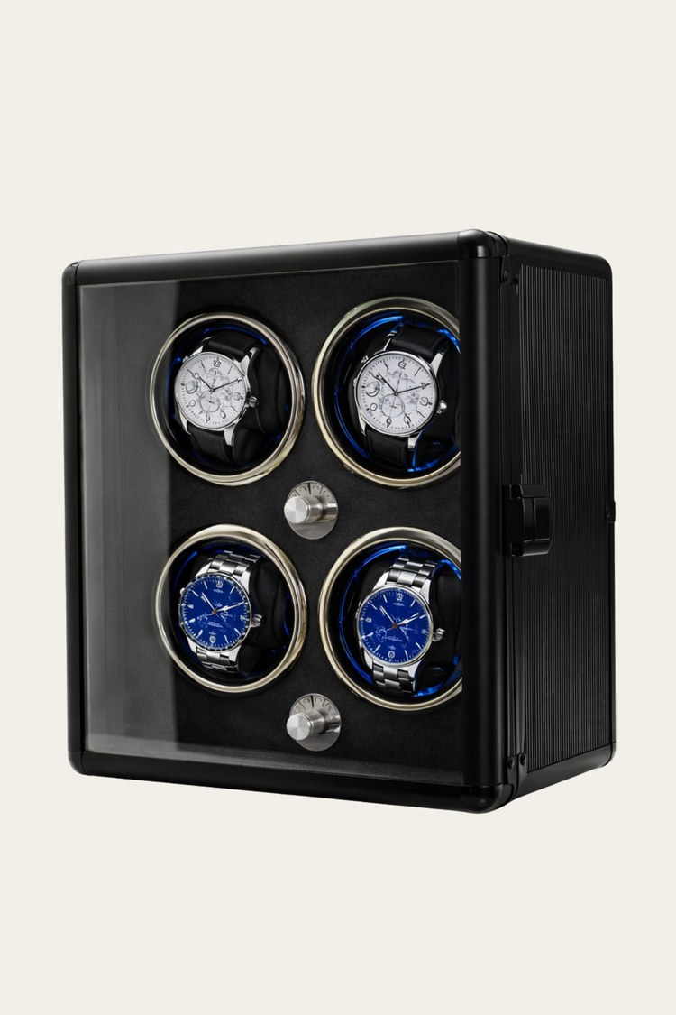 Luxury Glossy Black with Silver Accents 4-Slot Automatic Watch Winder Box
