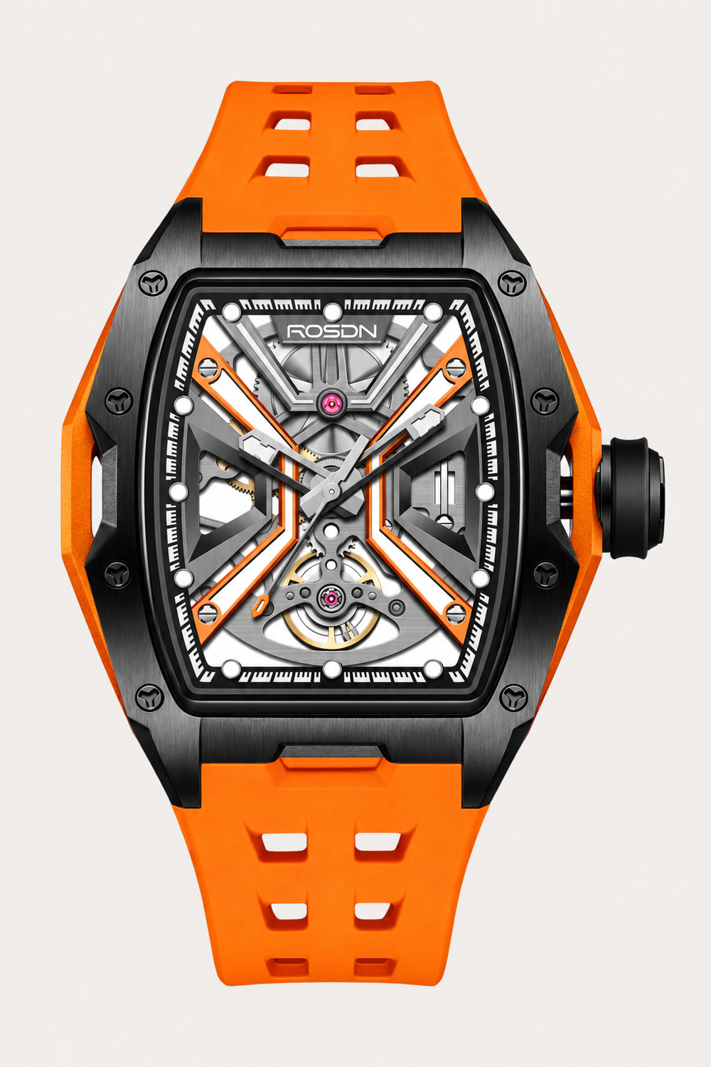Luxury Orange G2710 Series High Quality Barrel Shape Silicone Band Automatic Mechanical ROSDN Watch