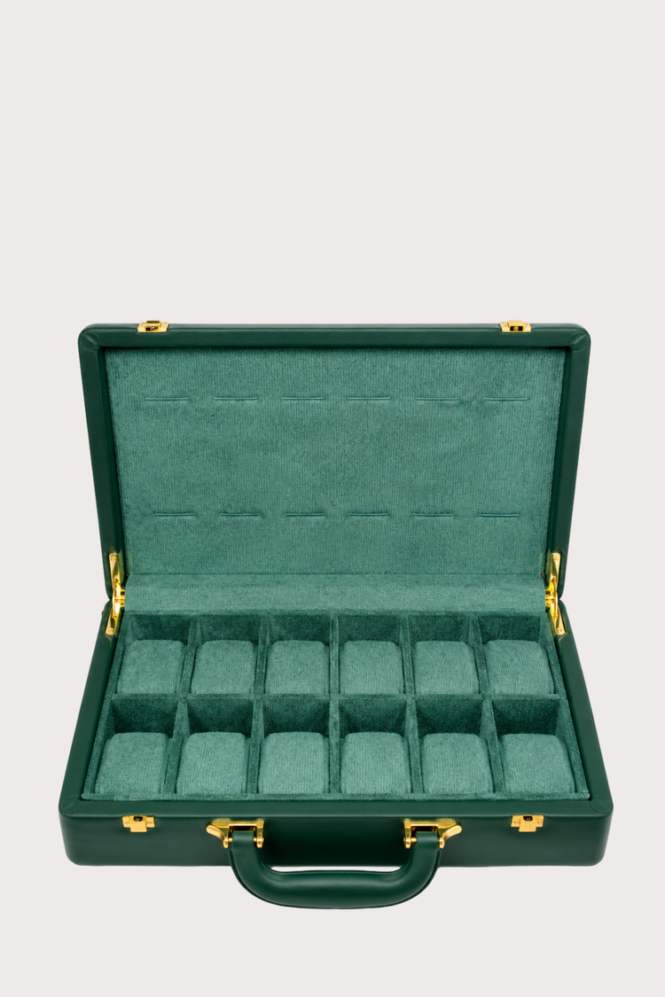 Luxury Timepiece Guardian Vault – 12 Slot Collector Green Briefcase