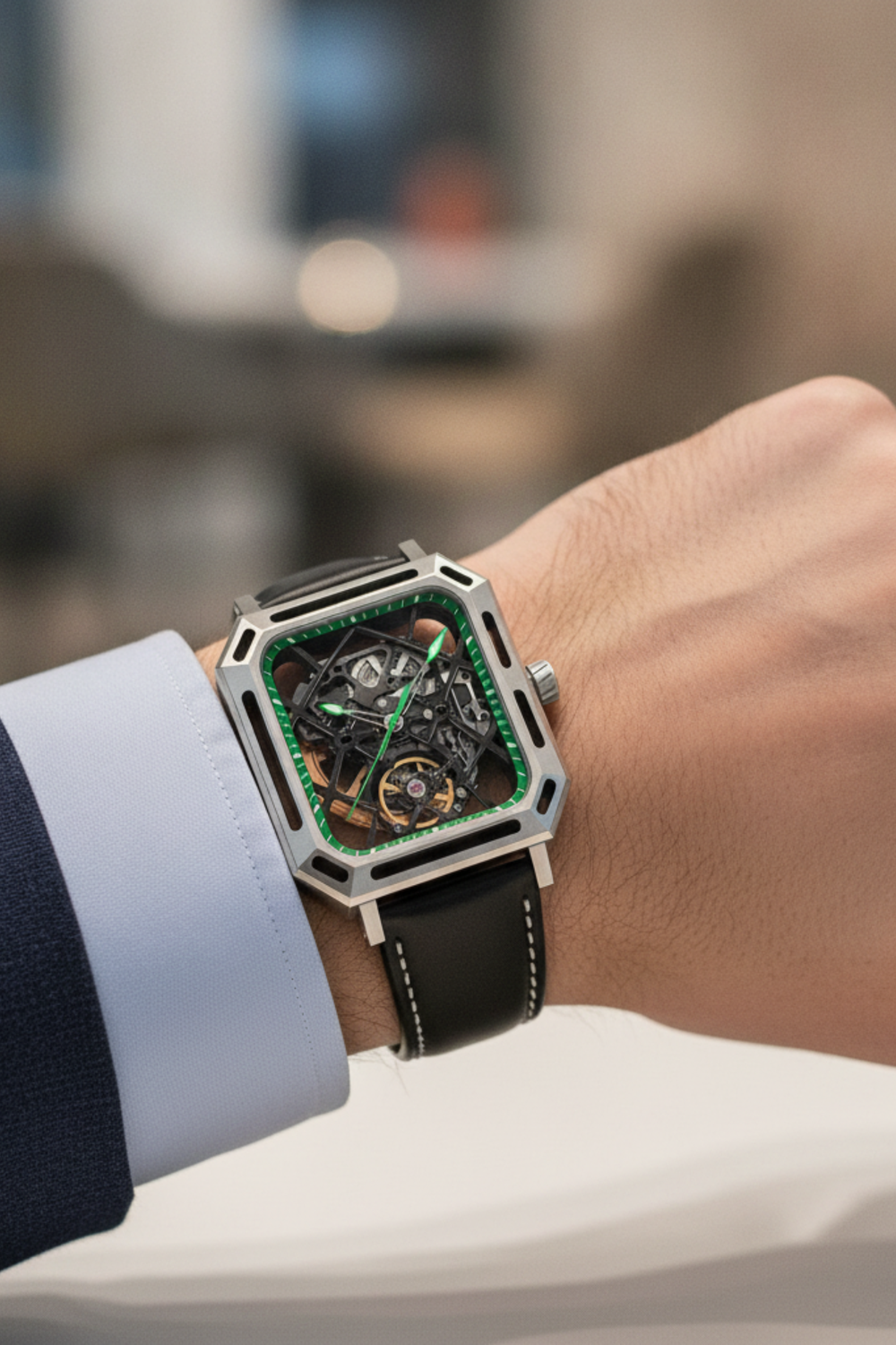 Men's Green Skeleton Square Automatic Mechanical Watch