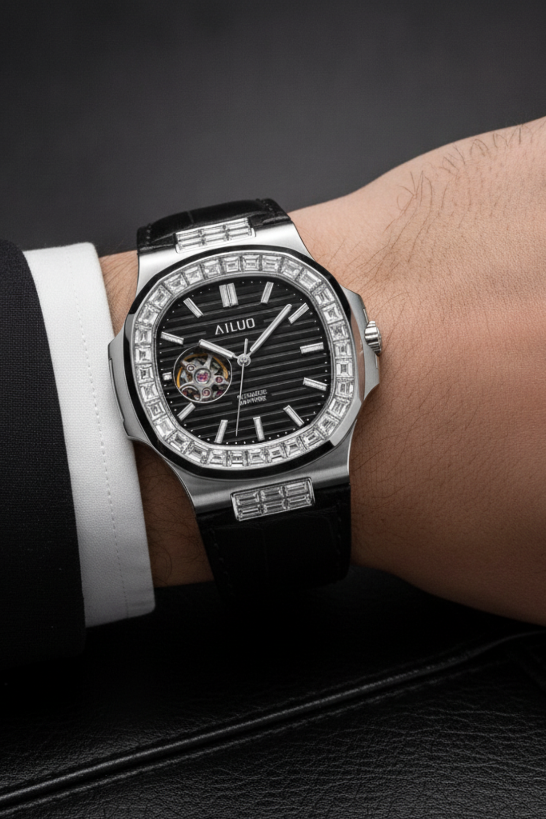 Royal Azure | Silver Black Automatic Open-Heart Watch