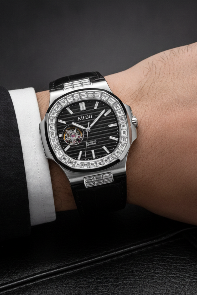 Royal Azure | Silver Black Automatic Open-Heart Watch