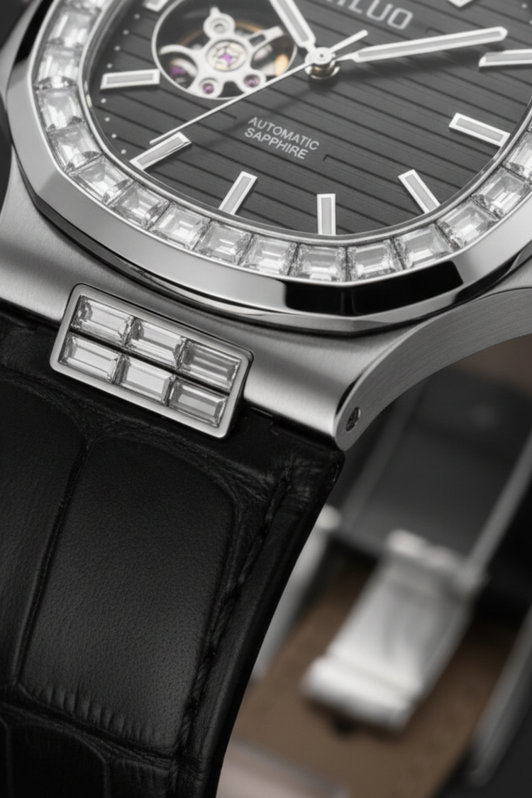 Royal Azure | Silver Black Automatic Open-Heart Watch