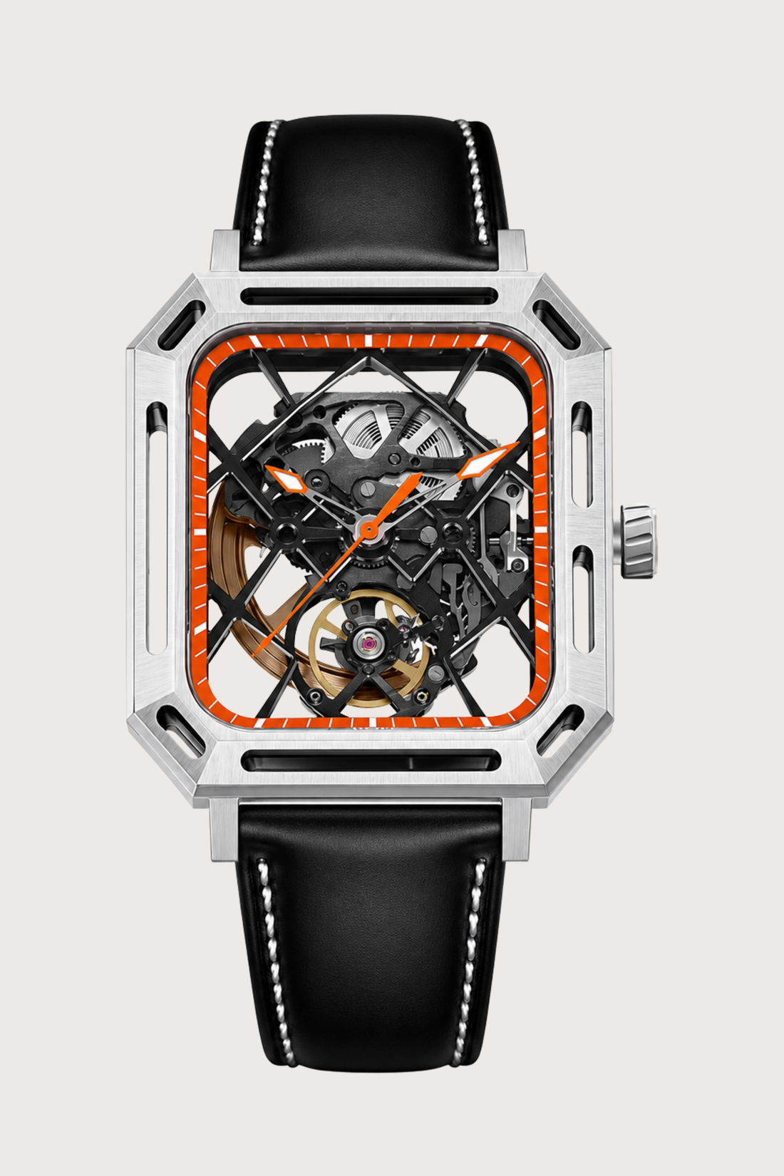 Men's Orange Skeleton Square Automatic Mechanical Watch