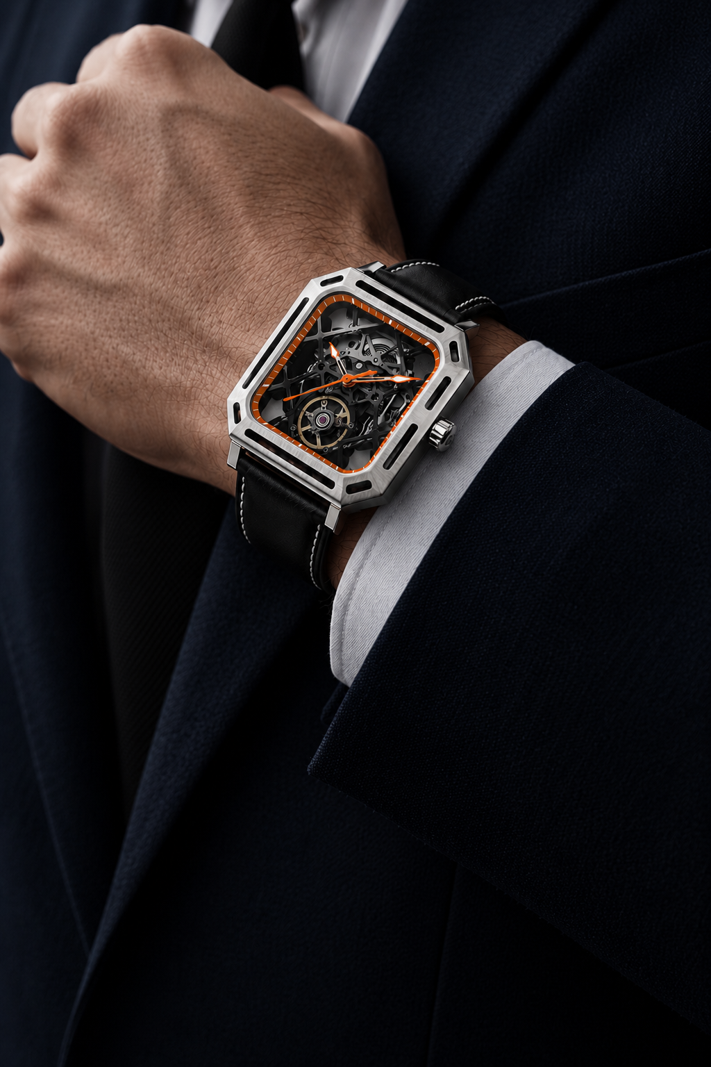 Men's Orange Skeleton Square Automatic Mechanical Watch