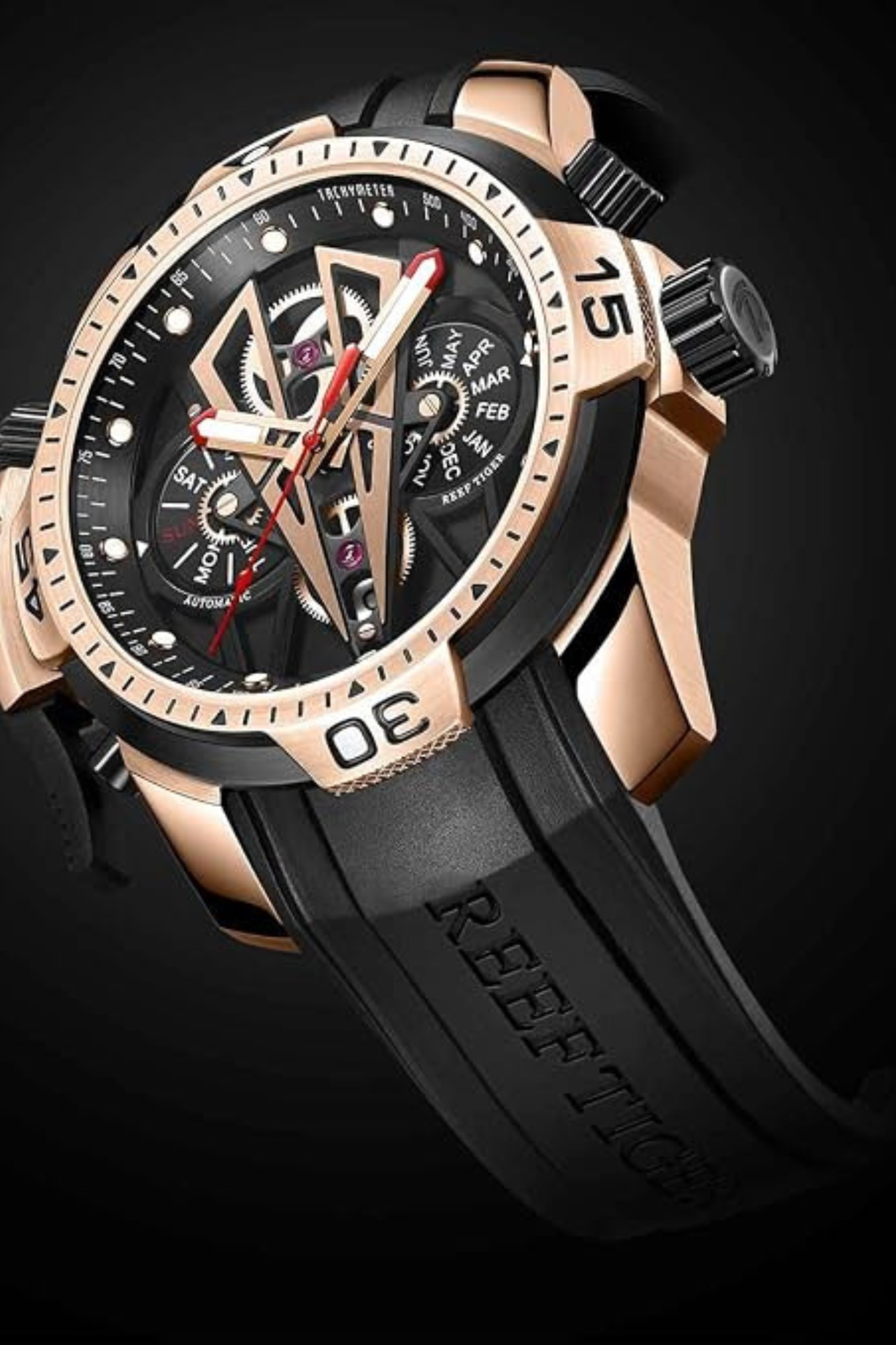 Men's Sport Rose Gold Black Dial Automatic Watch | Reef Tiger Edition