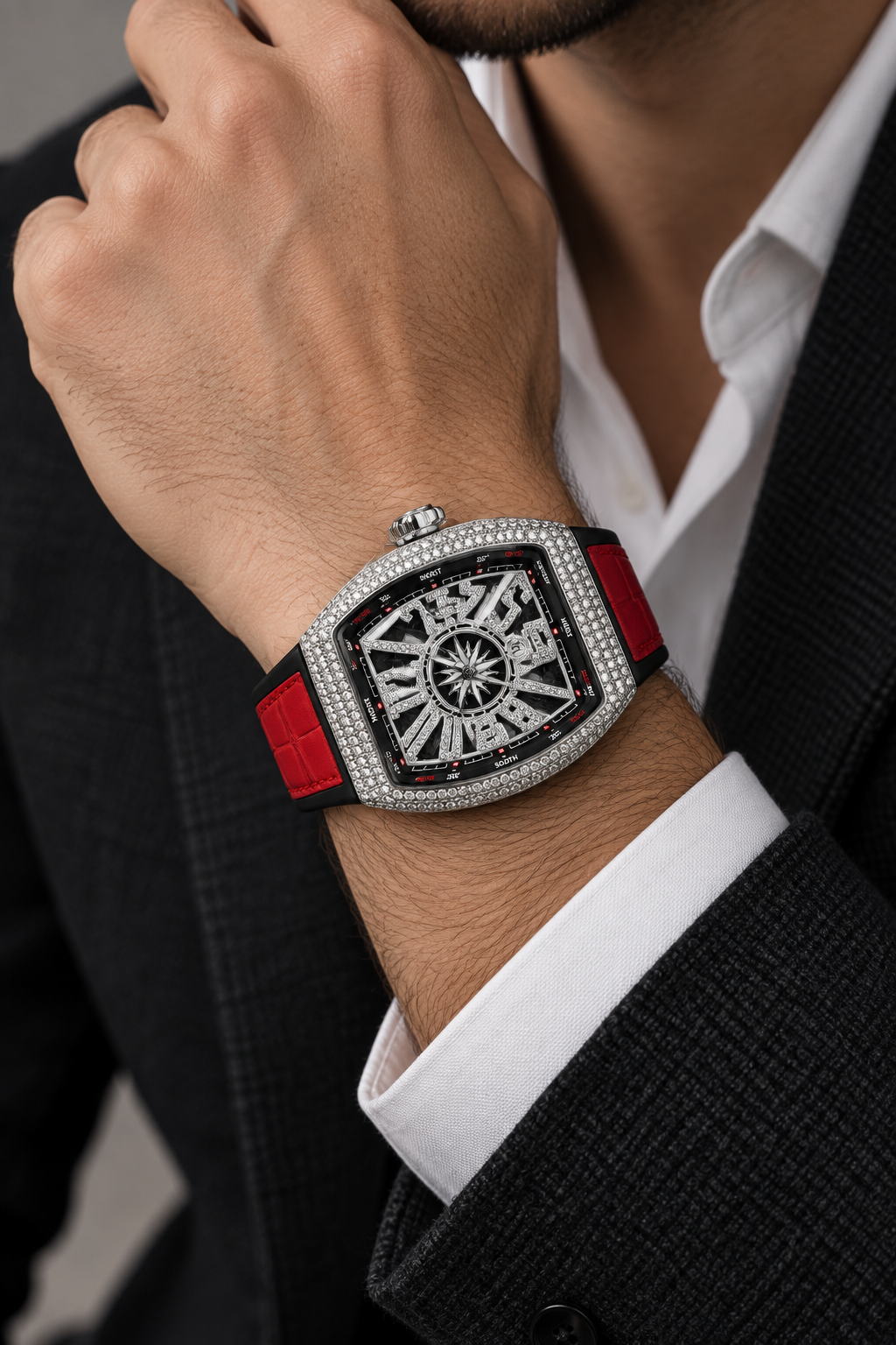Luxury Men's Crystal Diamond Silver Red Leather Strap Watch