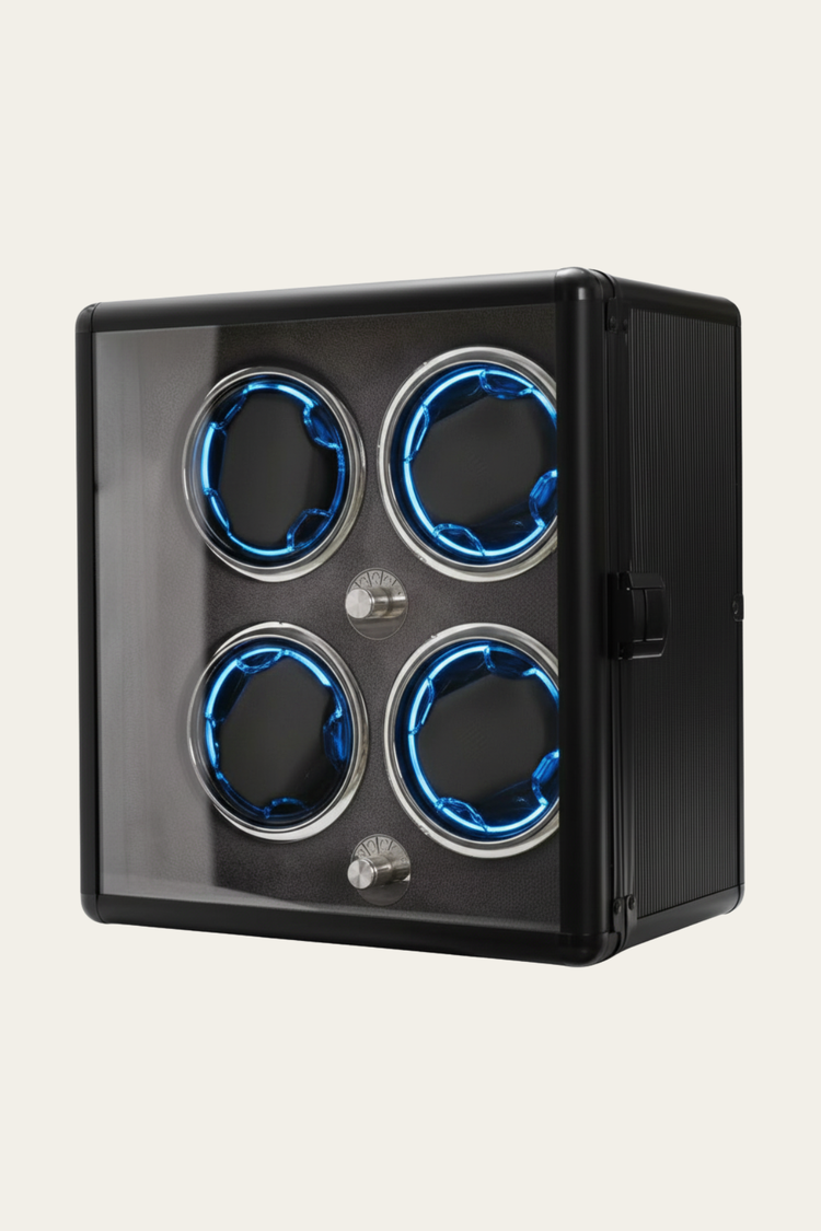 NeoVault Matte Black with Electric Blue LED Accents 4-Slot Automatic Watch Winder – Blue LED Edition