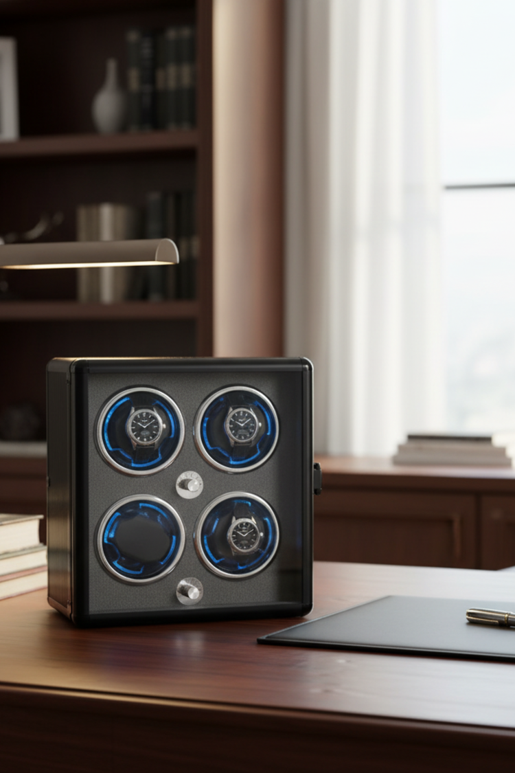 NeoVault Matte Black with Electric Blue LED Accents 4-Slot Automatic Watch Winder – Blue LED Edition