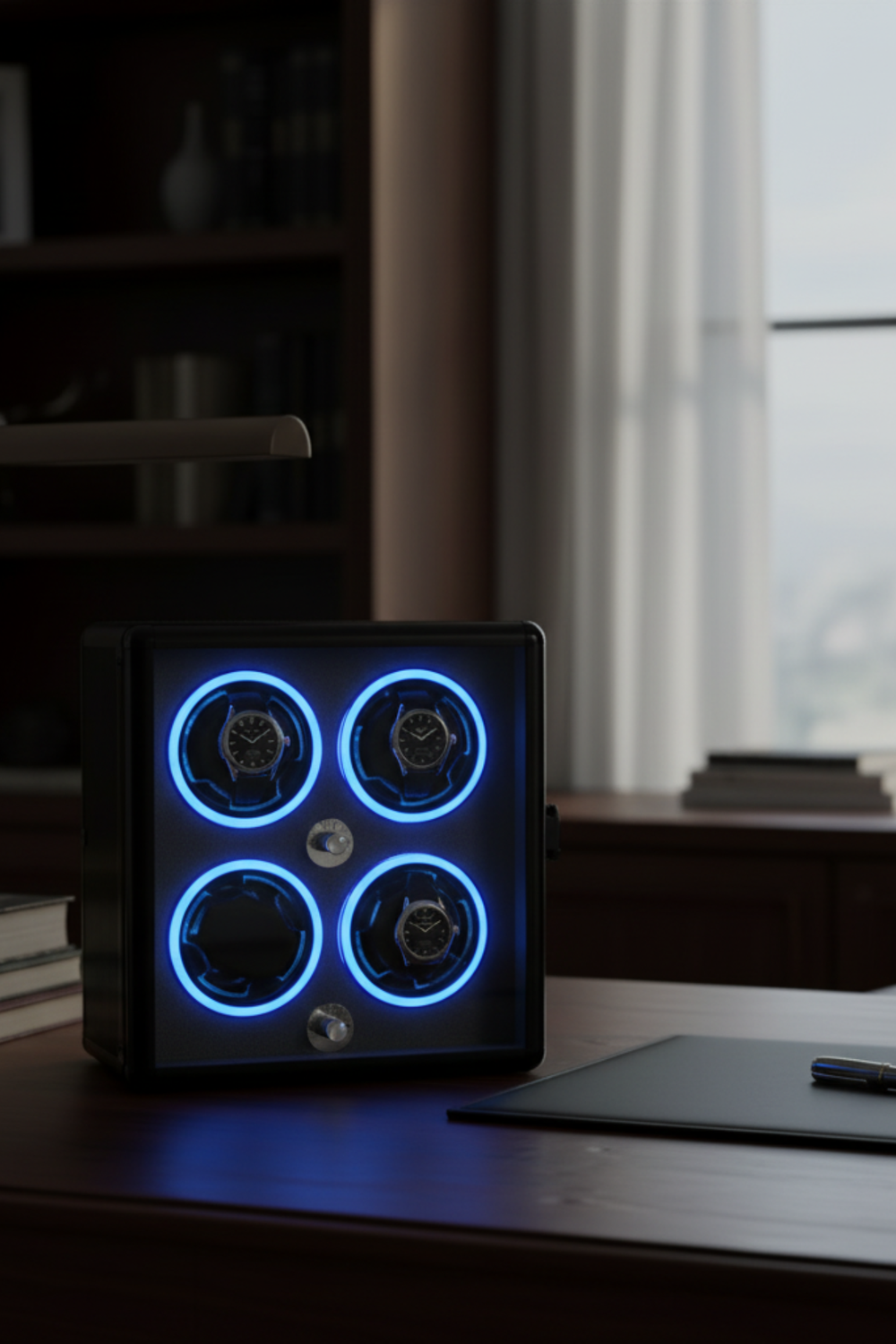 NeoVault Matte Black with Electric Blue LED Accents 4-Slot Automatic Watch Winder – Blue LED Edition
