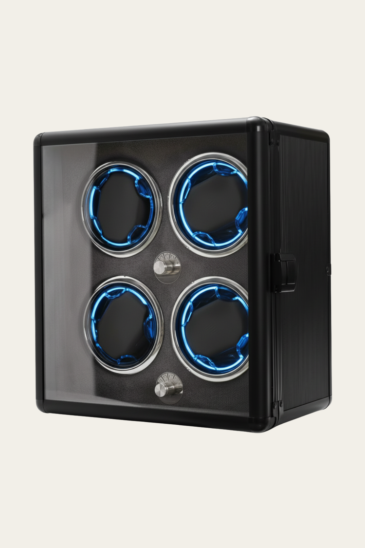 NeoVault Matte Black with Electric Blue LED Accents 4-Slot Automatic Watch Winder – Blue LED Edition
