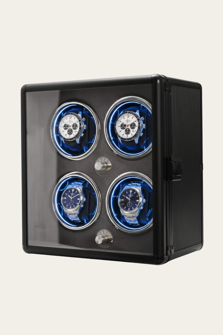 NeoVault Matte Black with Electric Blue LED Accents 4-Slot Automatic Watch Winder – Blue LED Edition