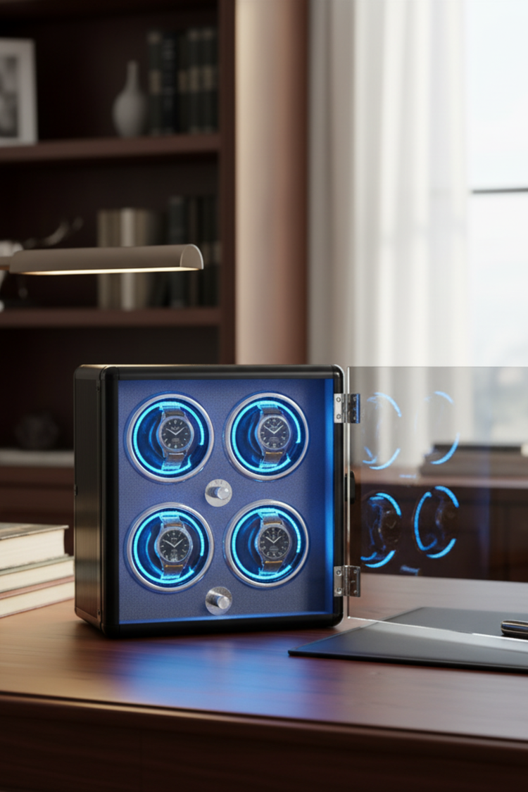NeoVault Matte Black with Electric Blue LED Accents 4-Slot Automatic Watch Winder – Blue LED Edition