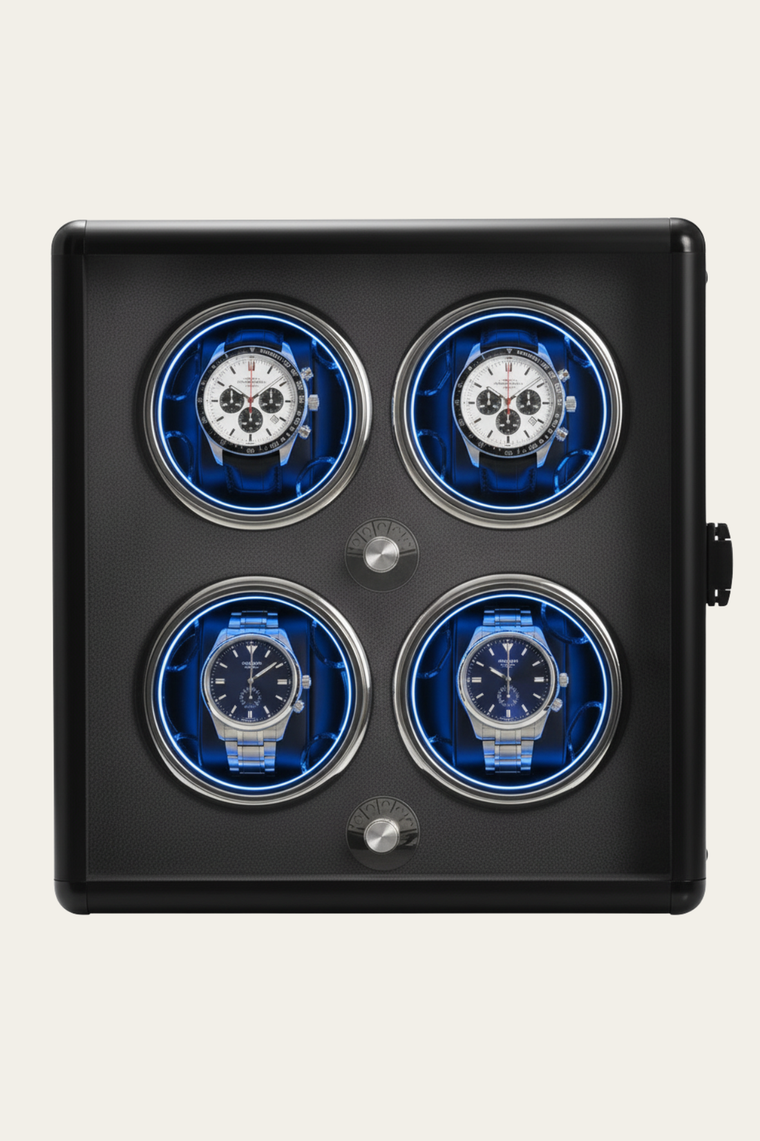 NeoVault Matte Black with Electric Blue LED Accents 4-Slot Automatic Watch Winder – Blue LED Edition