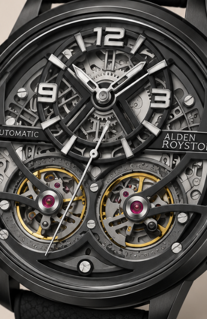 Precision in Motion Dual Tourbillon Automatic Skeleton Black Rubber Strap Watch