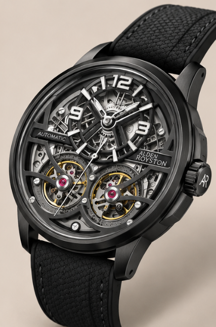 Precision in Motion Dual Tourbillon Automatic Skeleton Black Rubber Strap Watch