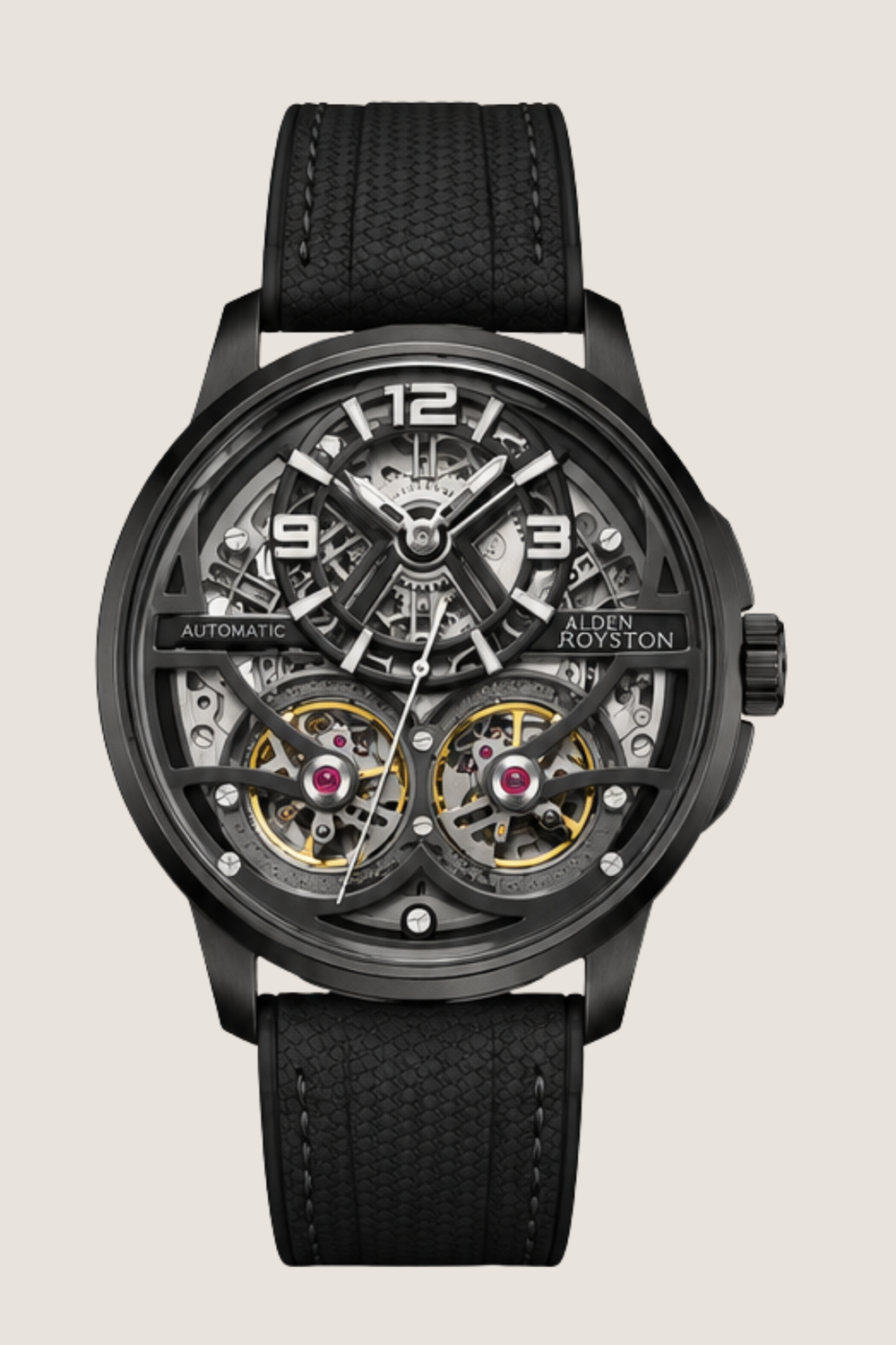 Precision in Motion Dual Tourbillon Automatic Skeleton Black Rubber Strap Watch