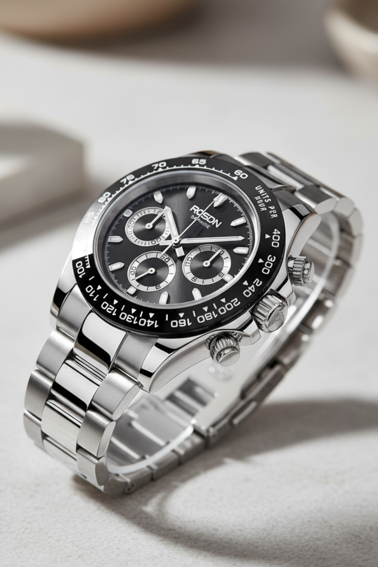 ROSDN Apex Silver Black Chronograph Watch