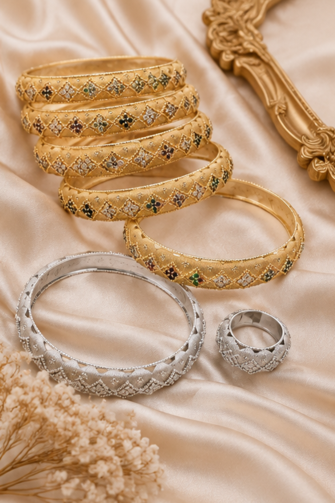 Regal Diamond Flora Multi‑Tone Bangle & Ring Set
