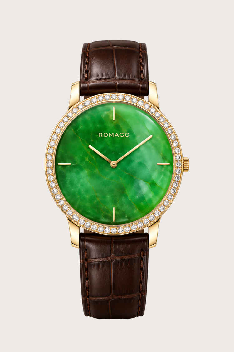 Romago Diamond Halo Emerald Dial Watch