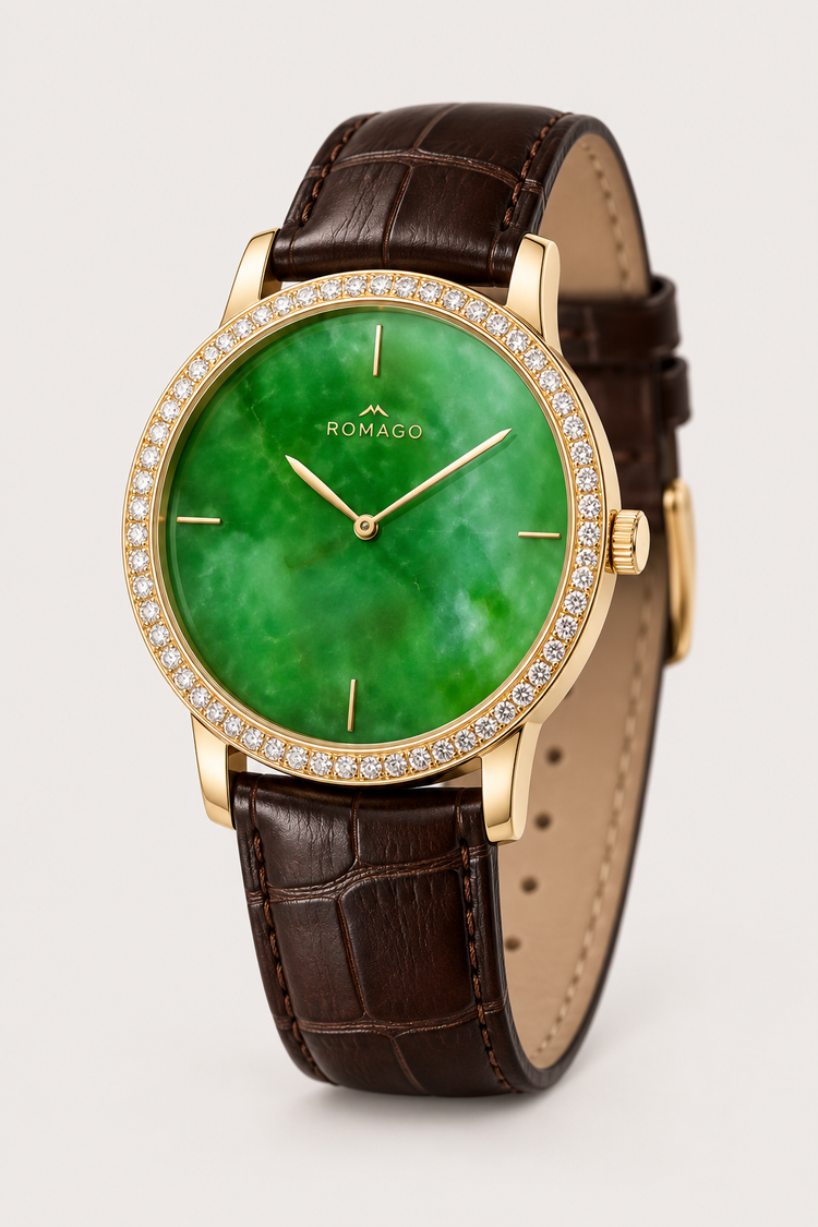 Romago Diamond Halo Emerald Dial Watch