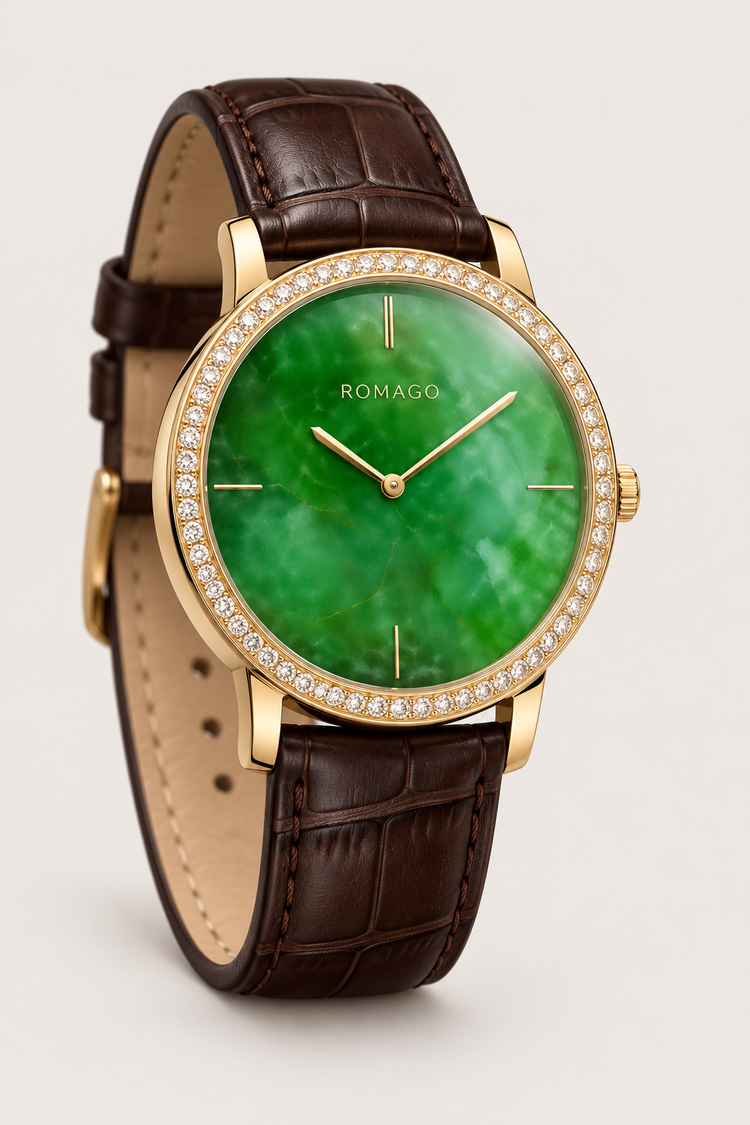 Romago Diamond Halo Emerald Dial Watch