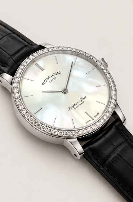 Romago Diamond Halo Pearl Radiance Silver Dial Watch