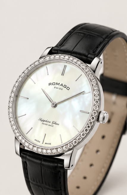 Romago Diamond Halo Pearl Radiance Silver Dial Watch