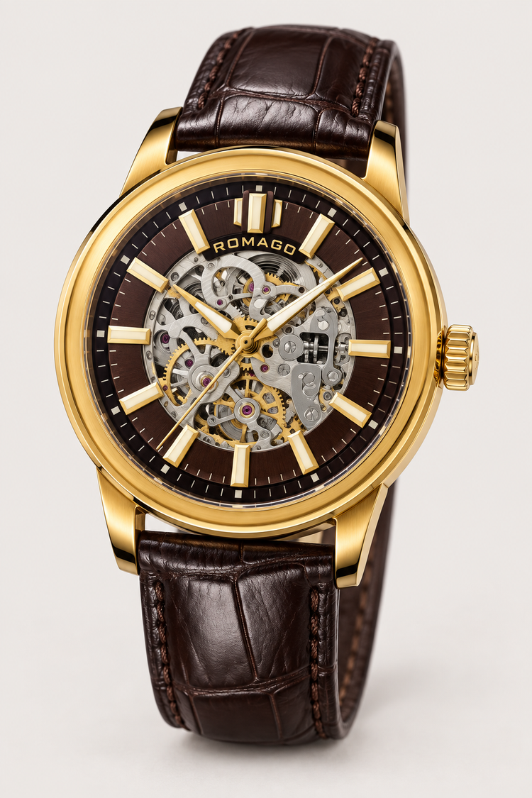 Romago Royal Golden Cocoa Skeleton Leather Watch