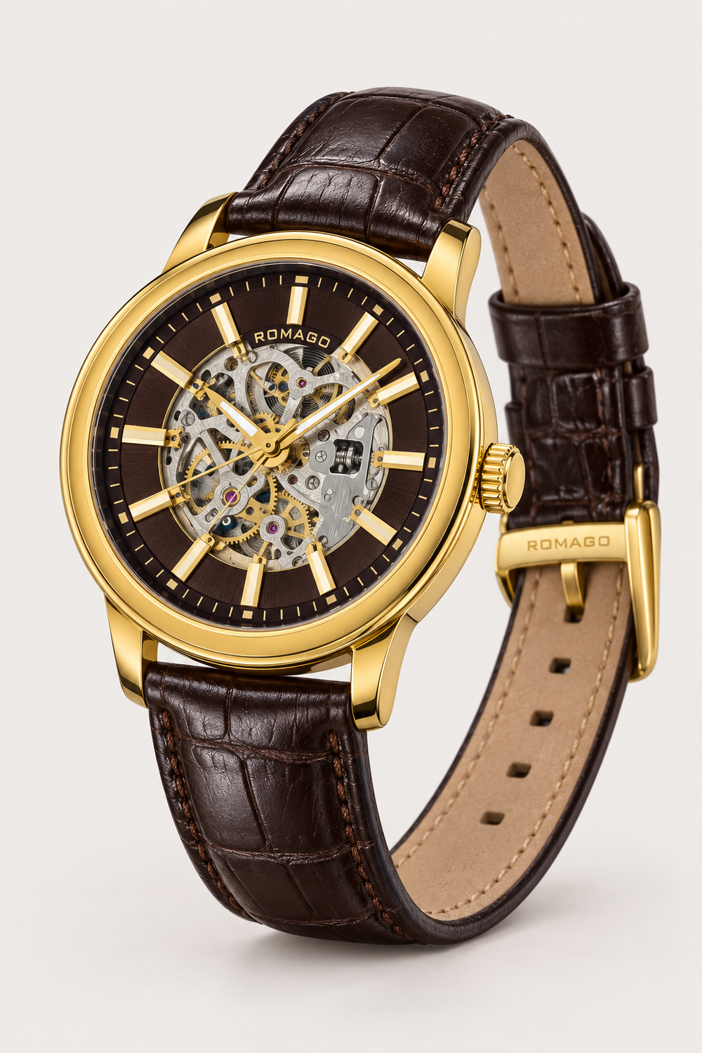 Romago Royal Golden Cocoa Skeleton Leather Watch