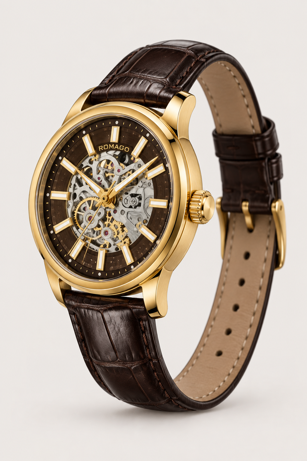 Romago Royal Golden Cocoa Skeleton Leather Watch