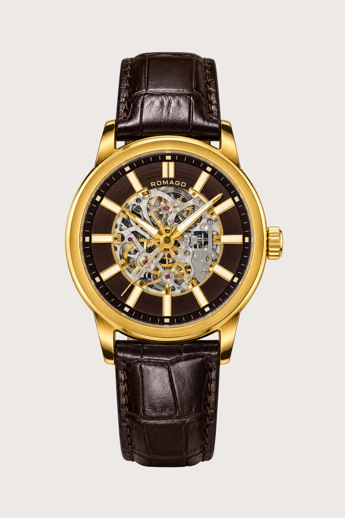 Romago Royal Golden Cocoa Skeleton Leather Watch
