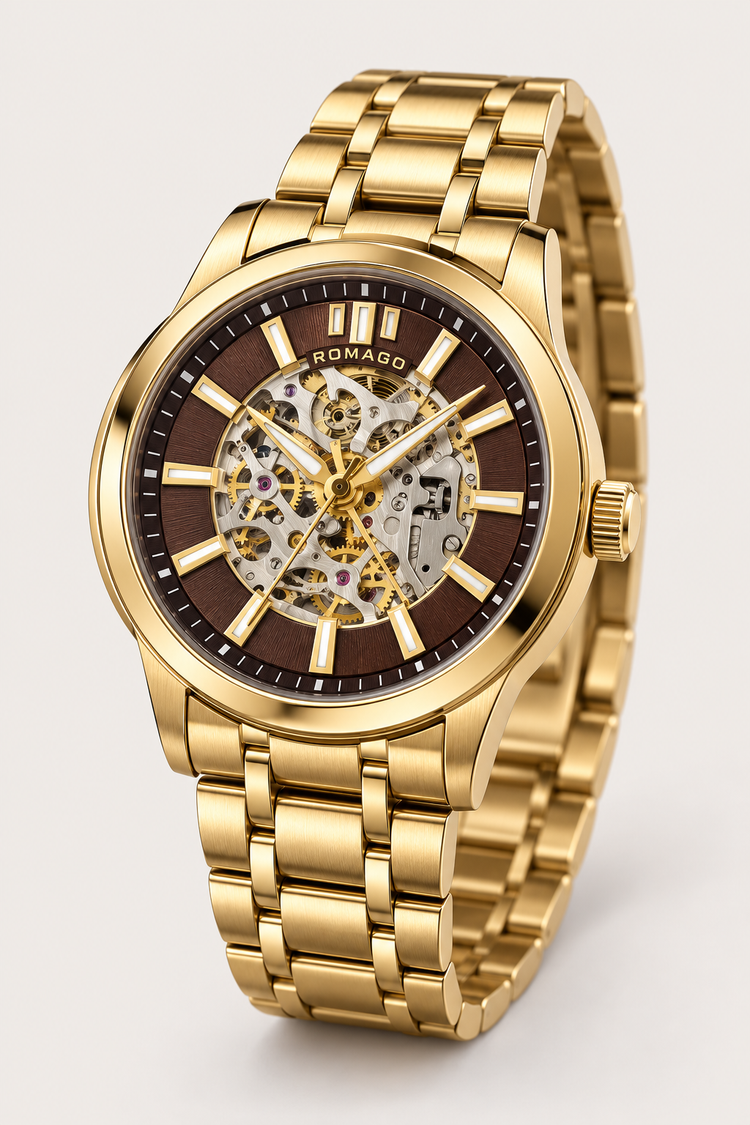 Romago Royal Golden Cocoa Skeleton Watch