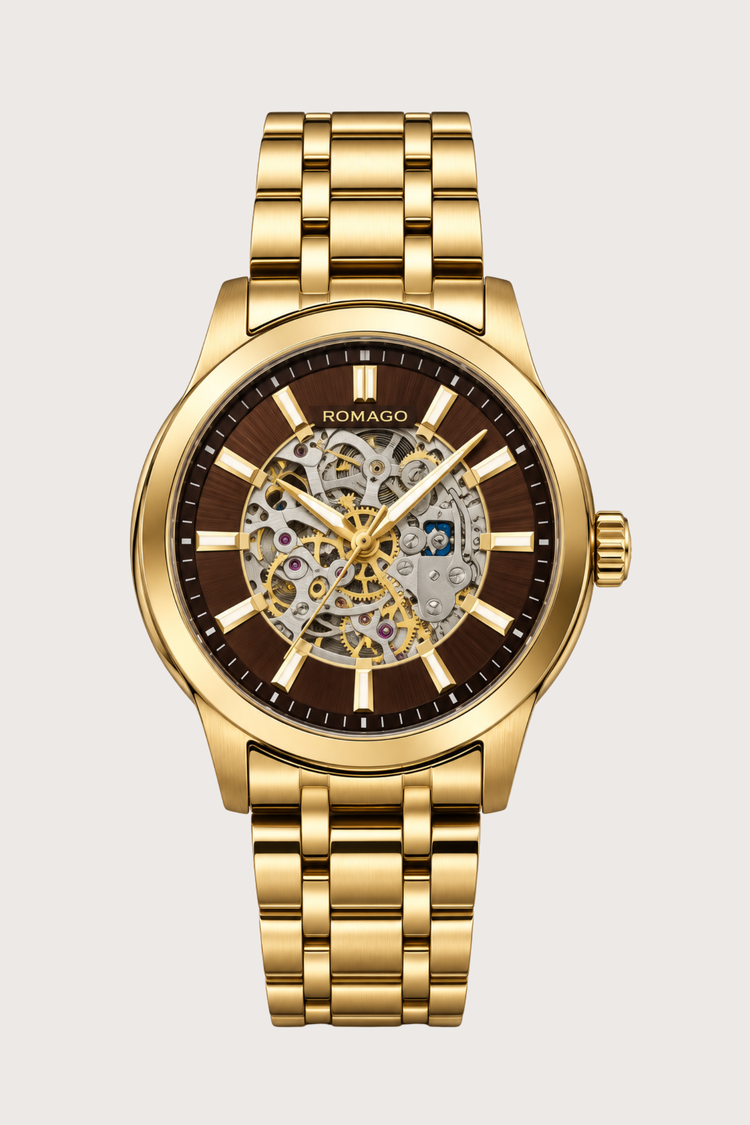 Romago Royal Golden Cocoa Skeleton Watch