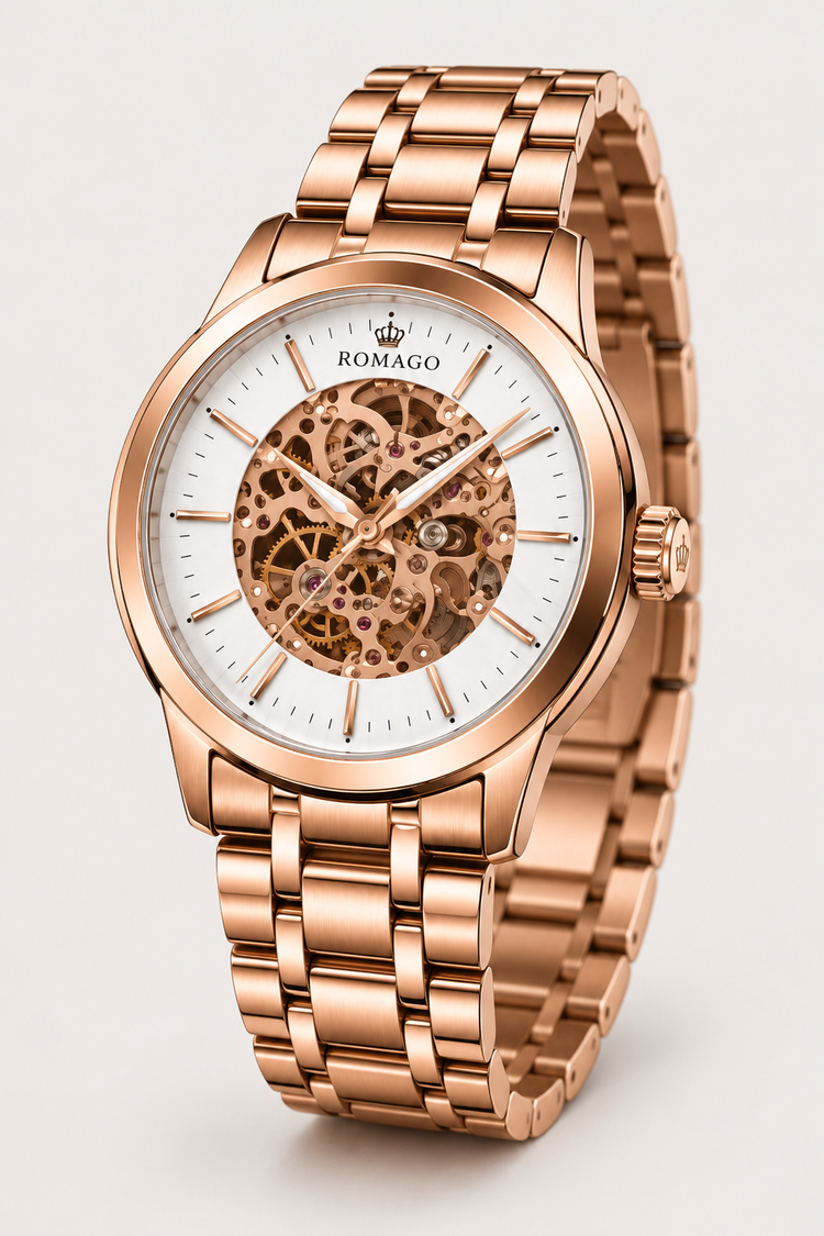 Romago Royal Rose Gold White Skeleton Watch