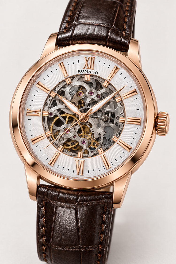 Romago Royal Rose Gold White Skeleton Watch