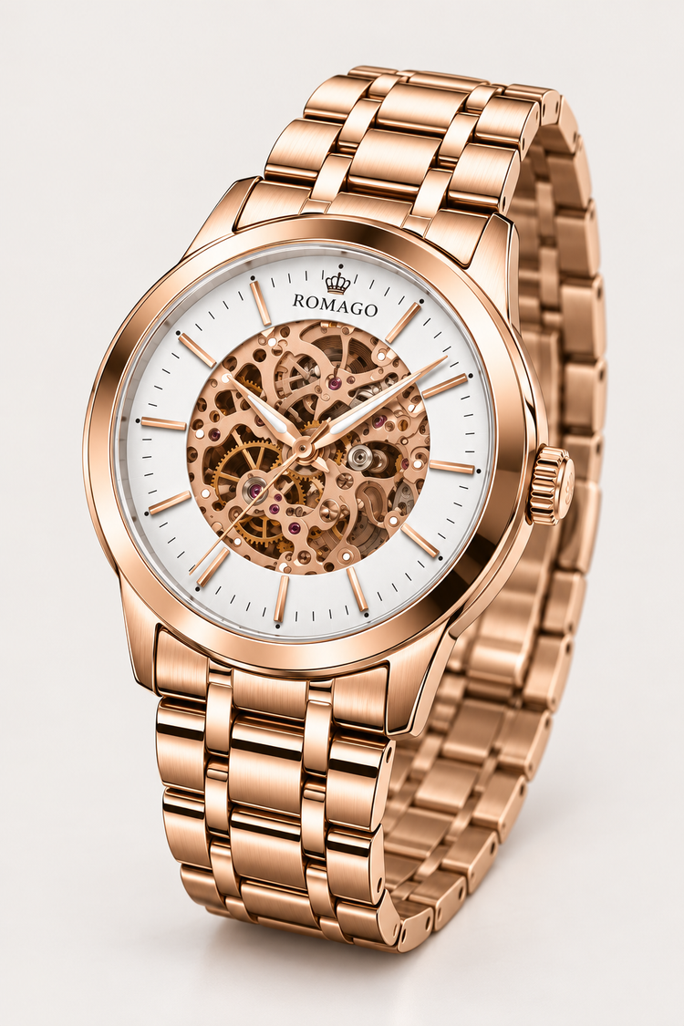 Romago Royal Rose Gold White Skeleton Watch