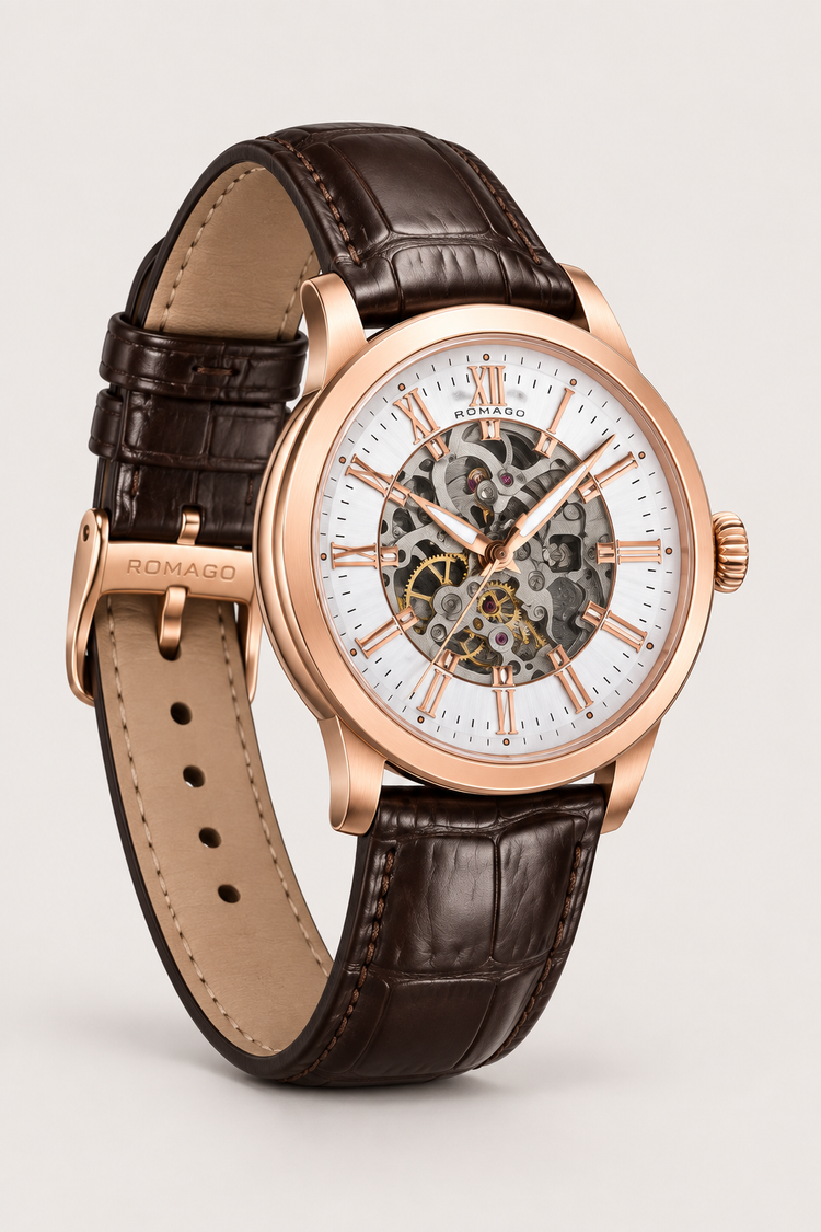 Romago Royal Rose Gold White Skeleton Watch