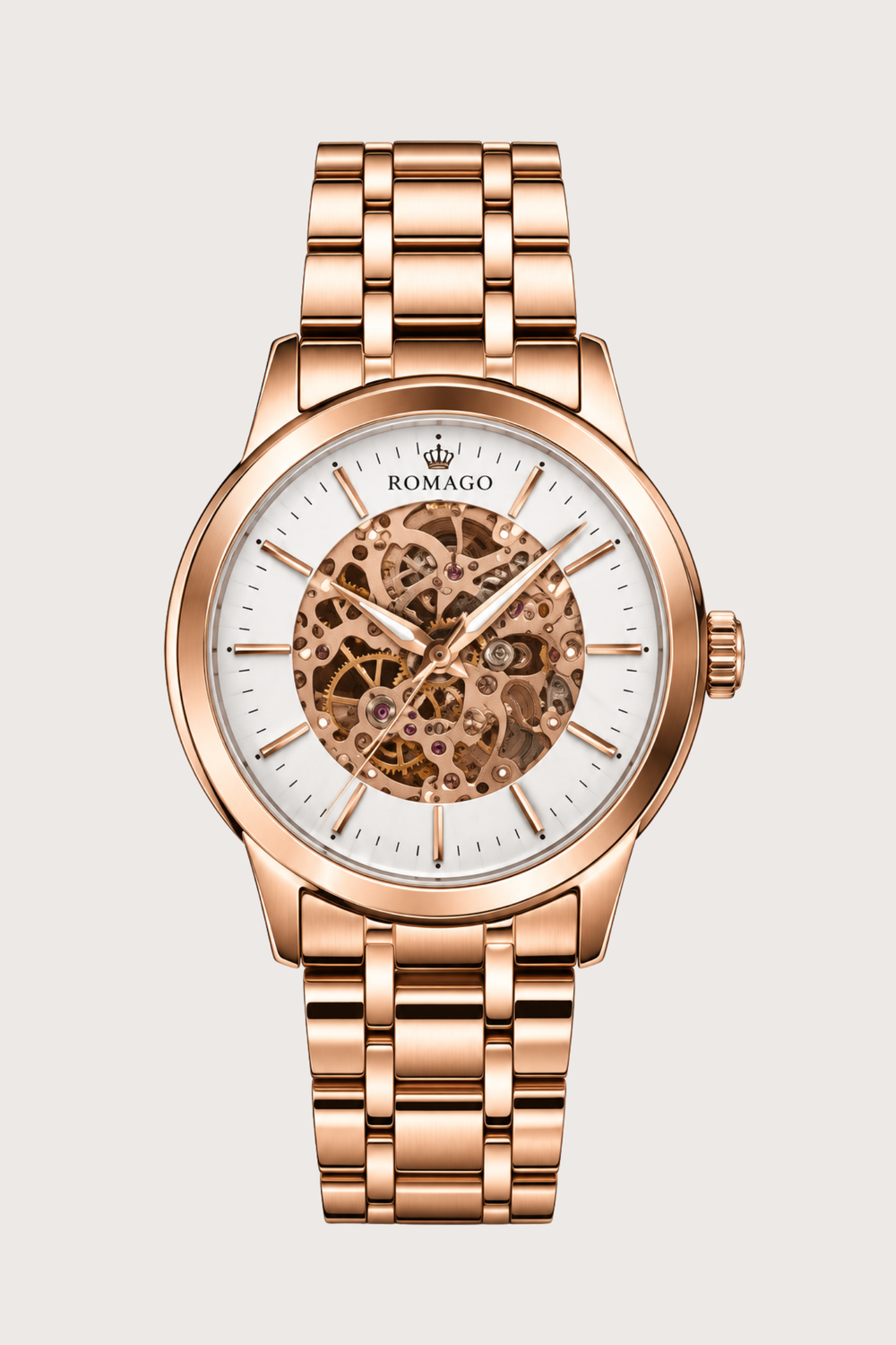 Romago Royal Rose Gold White Skeleton Watch