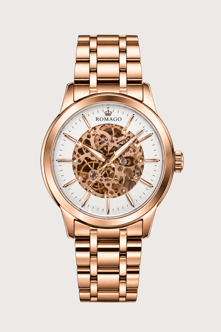 Romago Royal Rose Gold White Skeleton Watch