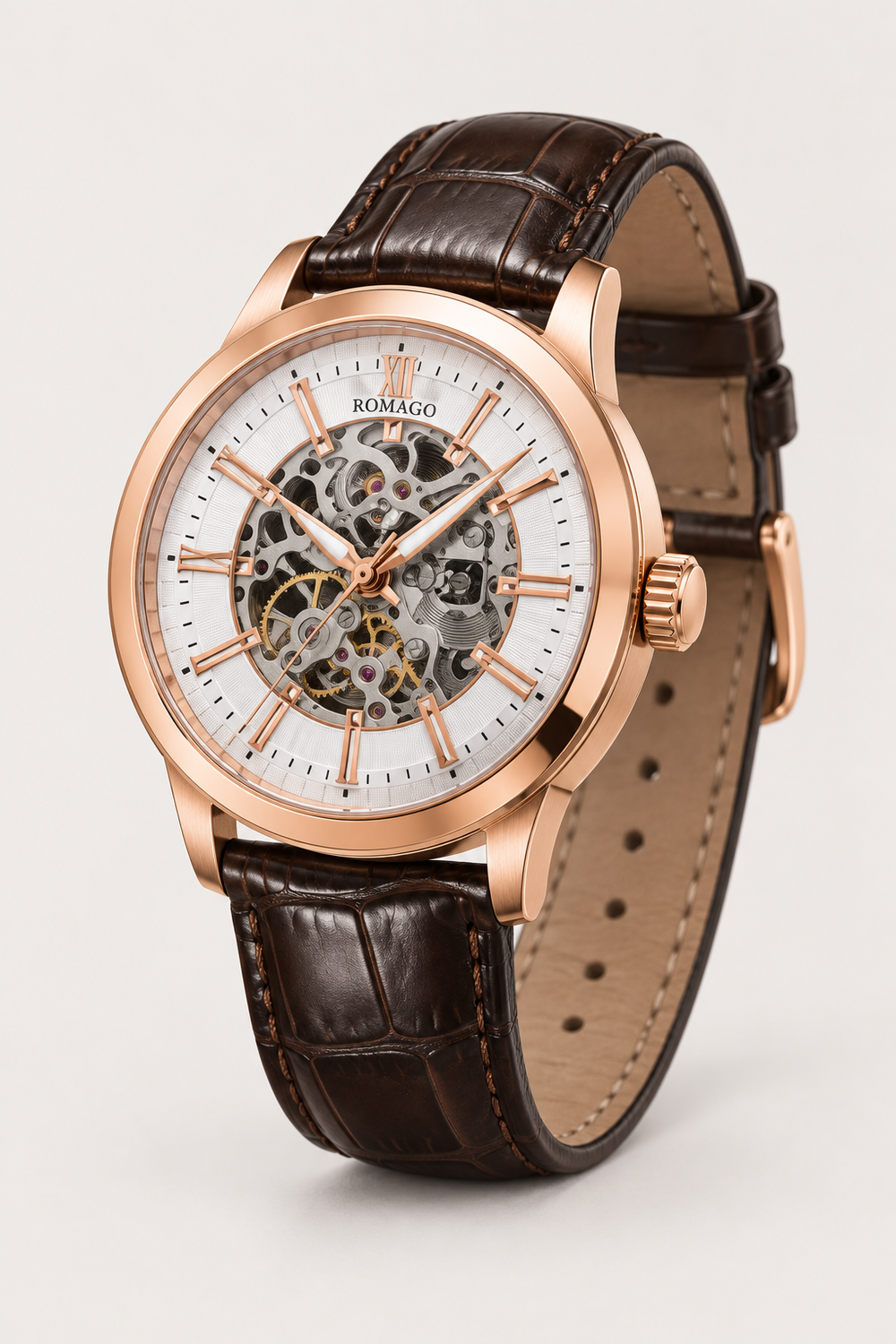 Romago Royal Rose Gold White Skeleton Watch