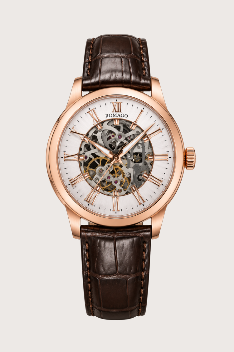 Romago Royal Rose Gold White Skeleton Watch