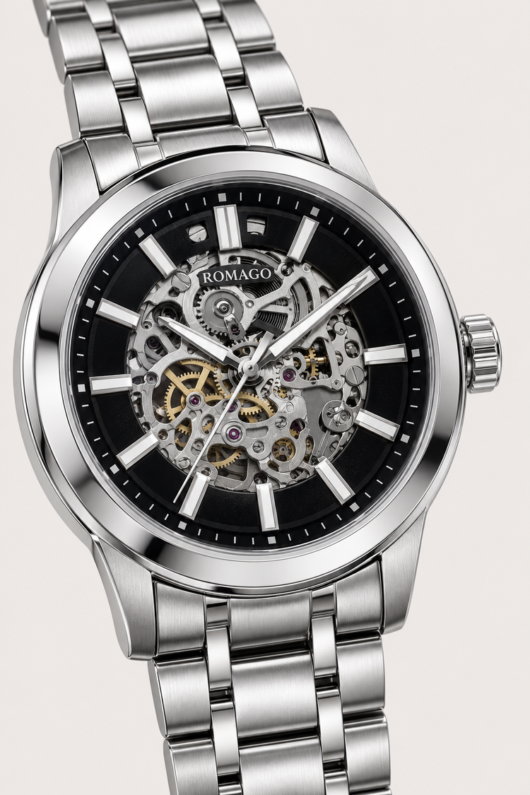 Romago Royal Silver Noir Skeleton Watch
