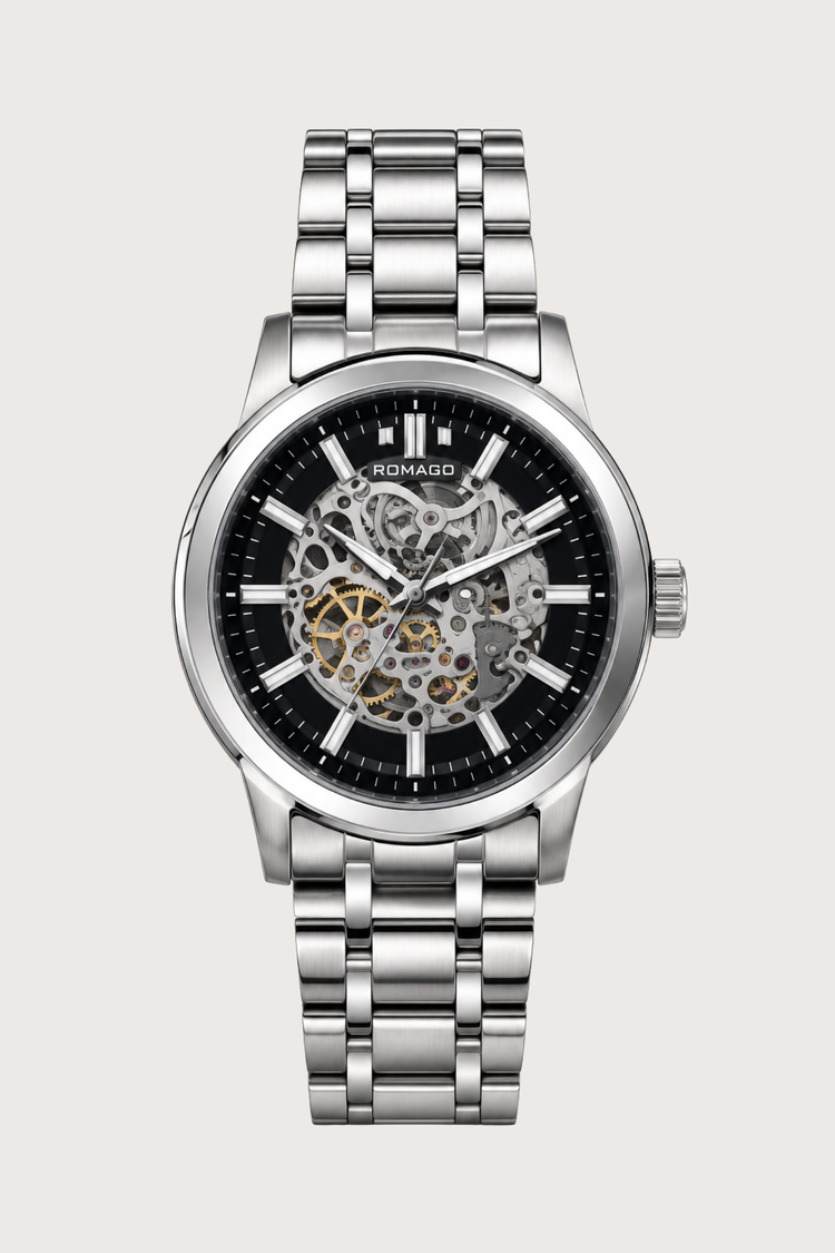 Romago Royal Silver Noir Skeleton Watch
