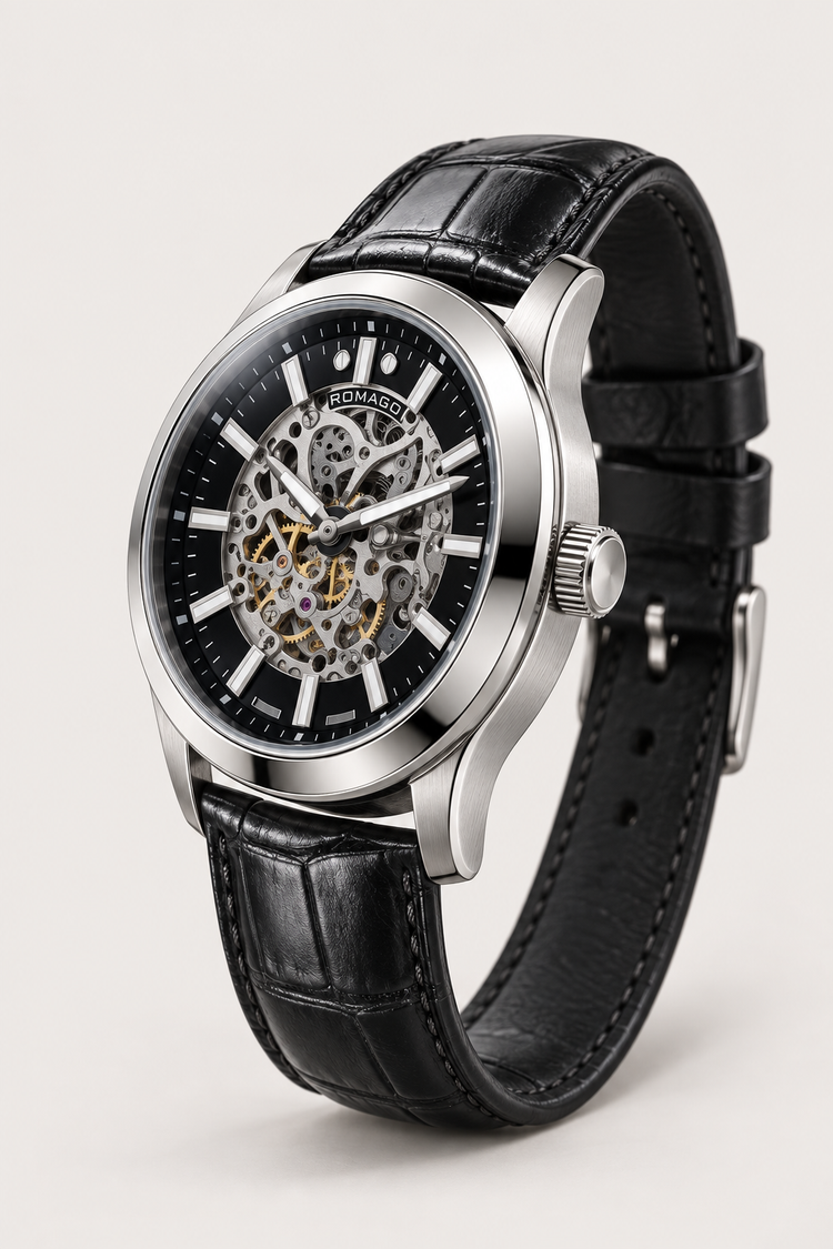 Romago Silver Noir Skeleton Automatic Watch