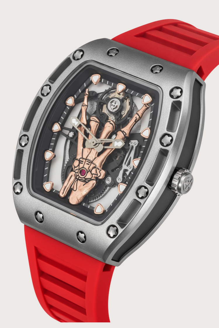 Rosegold Skeleton Hand Red Rubber Strap Quartz Watch (43413945)