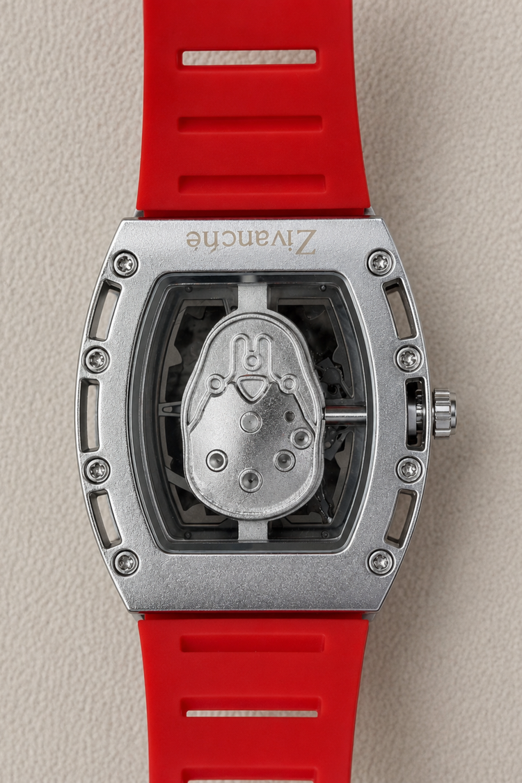 Rosegold Skeleton Hand Red Rubber Strap Quartz Watch (43413945)
