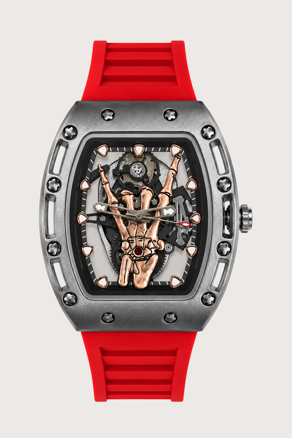 Rosegold Skeleton Hand Red Rubber Strap Quartz Watch (43413945)