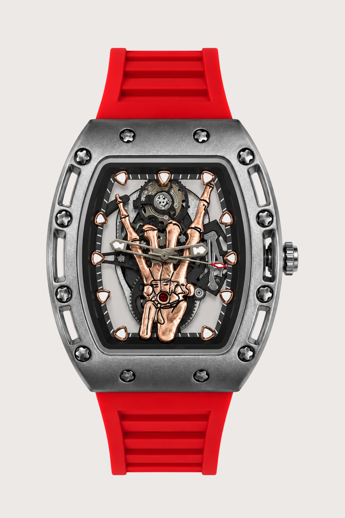Rosegold Skeleton Hand Red Rubber Strap Quartz Watch (43413945)