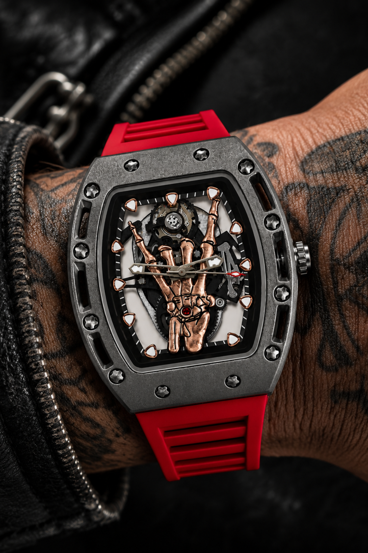 Rosegold Skeleton Hand Red Rubber Strap Quartz Watch (43413945)